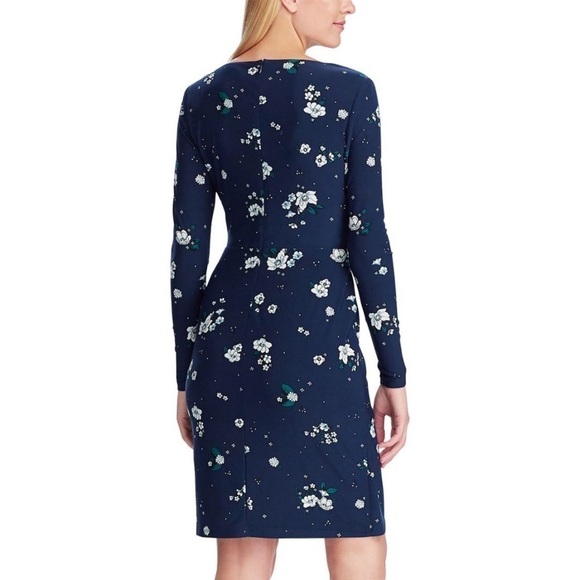 Chaps Womens Navy Blue Floral Long Sleeve Jersey Faux Wrap Sheath Dress Sz S New - Picture 2 of 8